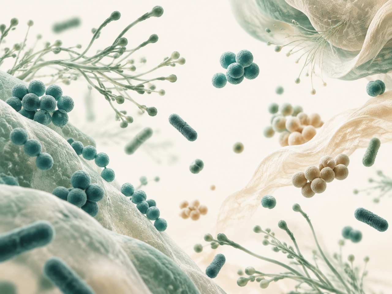 Abstract illustration of the oral microbiome in teal and sand tones